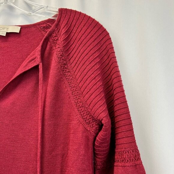 Loft Womens Pullover Top Burgundy Wool Blend Long Sleeve Raglan V Neck Crochet S - Picture 8 of 11